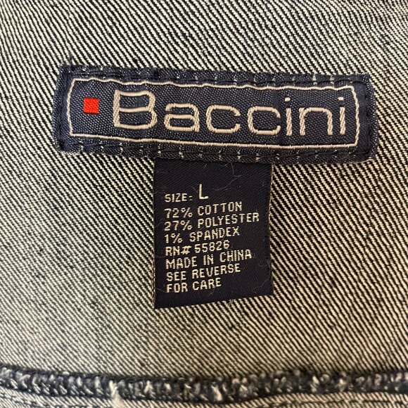 BACCINI DENIM JACKET, UNLINED, DARK WASH, ZIPPER CLOSURE, SIZE LARGE - Picture 8 of 8